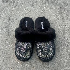 True Religion Black Faux Fur Rhinestone Slip-On Slippers